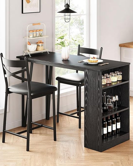 IDEALHOUSE Dining Table Set for 2, Expandable Kitchen Bar Table and Chairs for 2, 3 Piece Counter Height Top Dining Table Set with Upholstered Chairs Storage for Small Space, Black (Black) - LeafyLoom