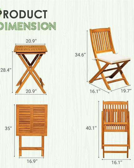 Greesum 3 Piece Patio Folding Furniture Bistro Set with 2 cushions for Pool Beach Backyard Balcony Porch Deck Garden, Acacia Wood - LeafyLoom
