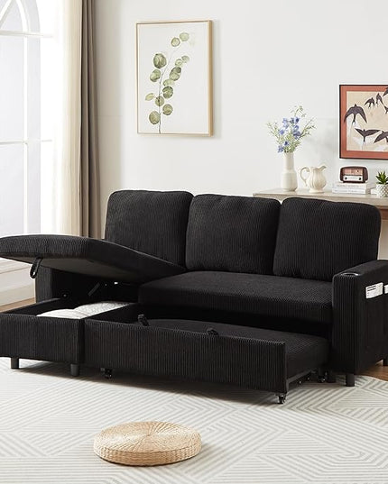 3 Seater Reversible Sleeper Sectional Sofa Bed with Storage Chaise Lounge and Cupholders, Corduroy Upholstered Convertible Sofabed Corner Couch,L Shaped Sofá for Living Room Office, Black 78.5" - LeafyLoom
