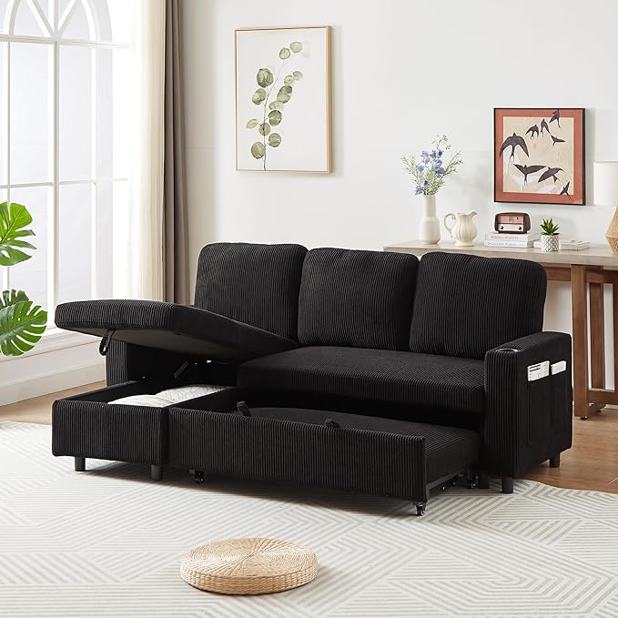 3 Seater Reversible Sleeper Sectional Sofa Bed with Storage Chaise Lounge and Cupholders, Corduroy Upholstered Convertible Sofabed Corner Couch,L Shaped Sofá for Living Room Office, Black 78.5" - LeafyLoom
