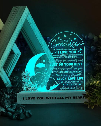 ARTSYWIX Grandson 3D Illusion Lamp w Wooden Base USB Powered Acrylic Night Light, To my Grandson Gift from Grandma & Grandpa, Son Grandson Bonus Son Boy Lamp Present, Birthday Gift Graduation Keepsake - LeafyLoom