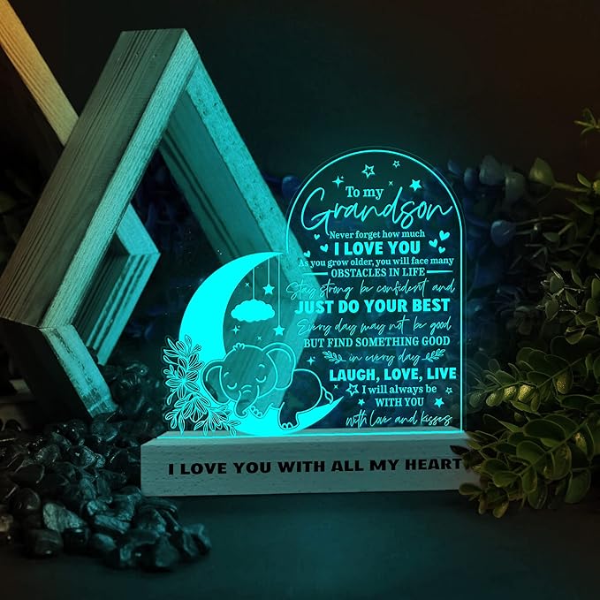 ARTSYWIX Grandson 3D Illusion Lamp w Wooden Base USB Powered Acrylic Night Light, To my Grandson Gift from Grandma & Grandpa, Son Grandson Bonus Son Boy Lamp Present, Birthday Gift Graduation Keepsake - LeafyLoom