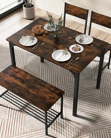 Moccha Dining Table Set for 4, Wooden Kitchen Table with with 2 Chairs and a Long Bench, Modern 4-Piece Dinette with Metal Frame & Storage Rack, Space-Saving Table Set for Dining Room, Rustic Brown - LeafyLoom