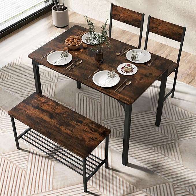 Moccha Dining Table Set for 4, Wooden Kitchen Table with with 2 Chairs and a Long Bench, Modern 4-Piece Dinette with Metal Frame & Storage Rack, Space-Saving Table Set for Dining Room, Rustic Brown - LeafyLoom