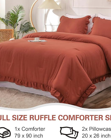 Terracotta Double Ruffle Comforter Set Full Size (79x90 Inch), 3 Pcs Farmhouse Vintage Comforter Set (1 Ruffled Comforter and 2 Pillowcase), Rustic All Season Down Alternative Bedding Set - LeafyLoom