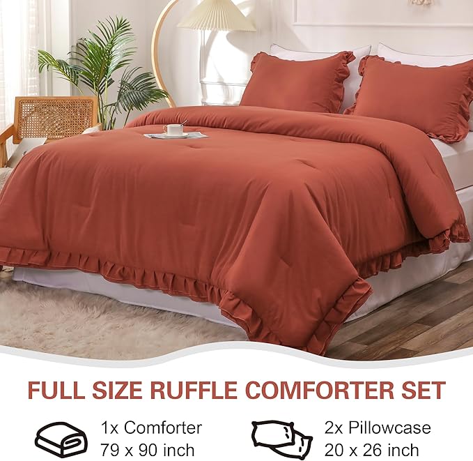 Terracotta Double Ruffle Comforter Set Full Size (79x90 Inch), 3 Pcs Farmhouse Vintage Comforter Set (1 Ruffled Comforter and 2 Pillowcase), Rustic All Season Down Alternative Bedding Set - LeafyLoom
