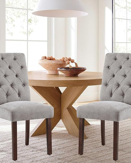 COLAMY Button Tufted Dining Chairs Set of 2, Parsons Upholstered Fabric Dining Room Chairs Kitchen Chairs with Wood Legs and Padded Seat, Light Grey - LeafyLoom