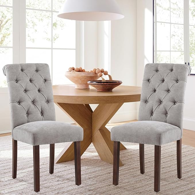 COLAMY Button Tufted Dining Chairs Set of 2, Parsons Upholstered Fabric Dining Room Chairs Kitchen Chairs with Wood Legs and Padded Seat, Light Grey - LeafyLoom
