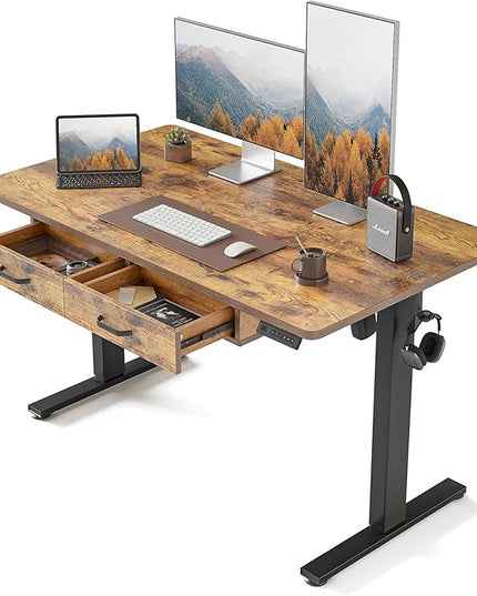 FEZIBO Standing Desk with Double Drawer, 48x 24 Inches Adjustable Height Electric Stand up desk, Ergonomic Workstation Black Frame/Fir Brown Top - LeafyLoom