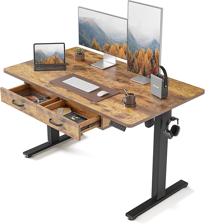 FEZIBO Standing Desk with Double Drawer, 48x 24 Inches Adjustable Height Electric Stand up desk, Ergonomic Workstation Black Frame/Fir Brown Top - LeafyLoom