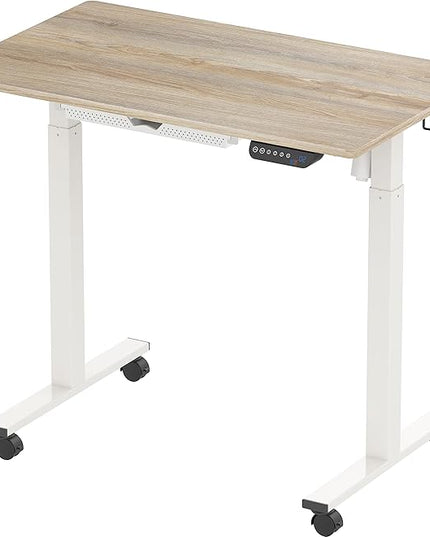 SHW Electric Height Adjustable Mobile Rolling Standing Desk Workstation, 40 x 24 Inches, Maple - LeafyLoom