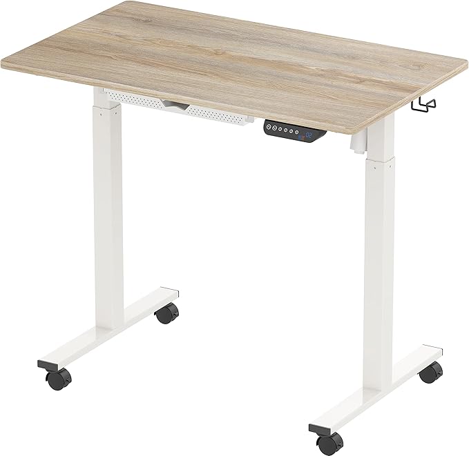 SHW Electric Height Adjustable Mobile Rolling Standing Desk Workstation, 40 x 24 Inches, Maple - LeafyLoom