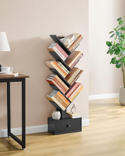 9 Tier Tree Bookshelf, Tree Bookcase with Drawer, Floor Standing Tall Wood Bookshelves, Modern Book Organizer for Living Room, Bedroom, Home Office, Black - LeafyLoom