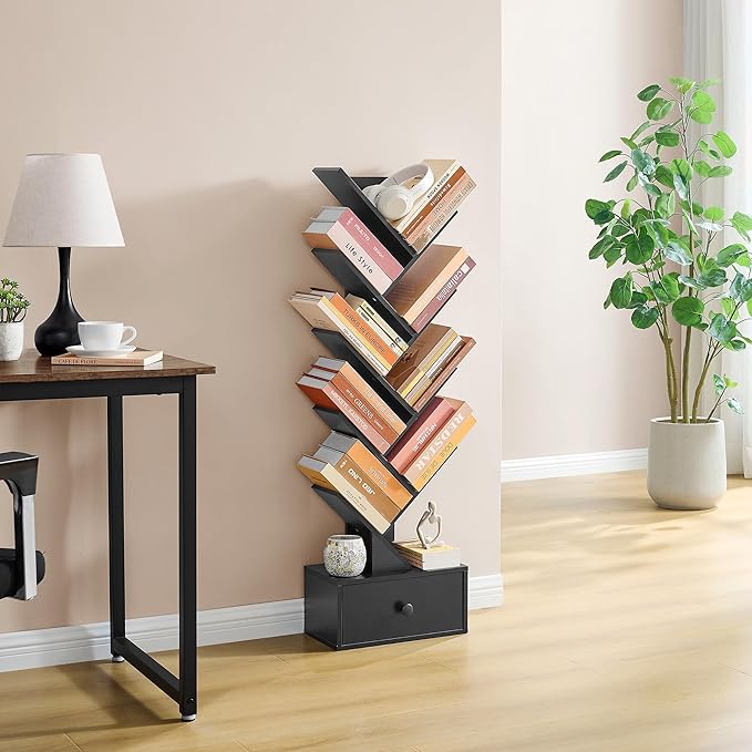 9 Tier Tree Bookshelf, Tree Bookcase with Drawer, Floor Standing Tall Wood Bookshelves, Modern Book Organizer for Living Room, Bedroom, Home Office, Black - LeafyLoom