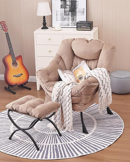 Lazy Chair and Ottoman, Large Accent Lounge Chair with Armrests and a Side Pocket, Modern Leisure Upholstered Sofa Reading Armchair with Footrest for Bedroom, Living Room, Dorm Rooms, Office - LeafyLoom