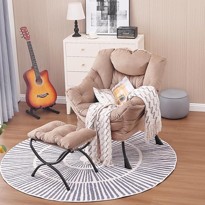 Lazy Chair and Ottoman, Large Accent Lounge Chair with Armrests and a Side Pocket, Modern Leisure Upholstered Sofa Reading Armchair with Footrest for Bedroom, Living Room, Dorm Rooms, Office - LeafyLoom