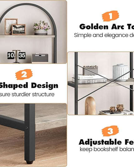 GAOMON 5 Tier Bookshelf Arched Bookcase Modern Standing Bookshelves Tall Display Racks Metal Book Shelf for Bedroom, Living Room, Home Office - LeafyLoom