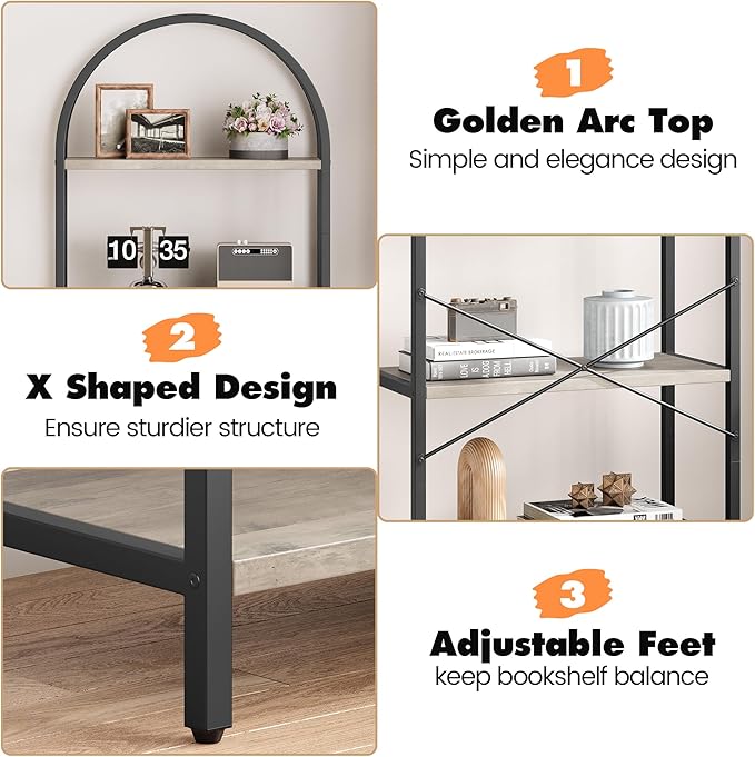 GAOMON 5 Tier Bookshelf Arched Bookcase Modern Standing Bookshelves Tall Display Racks Metal Book Shelf for Bedroom, Living Room, Home Office - LeafyLoom