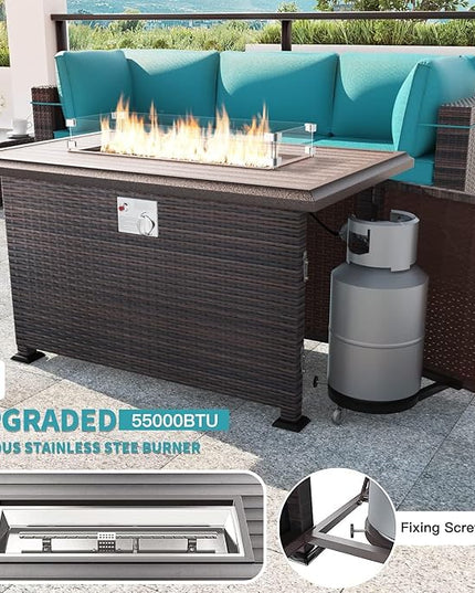 Kullavik 13PCS Outdoor Patio Furniture Set with 43" 55000BTU Gas Propane Fire Pit Table PE Wicker Rattan Sectional Sofa Patio Conversation Sets,Blue - LeafyLoom