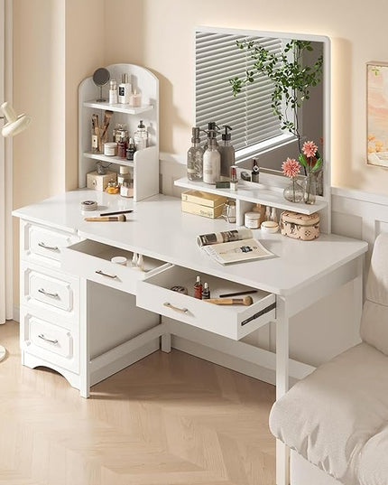 4NM 39.4" Small Desk with Wood Drawers, Home Office Computer Desk with Wooden Legs, Study Writing Table Vanity Desk for Small Spaces - White - LeafyLoom