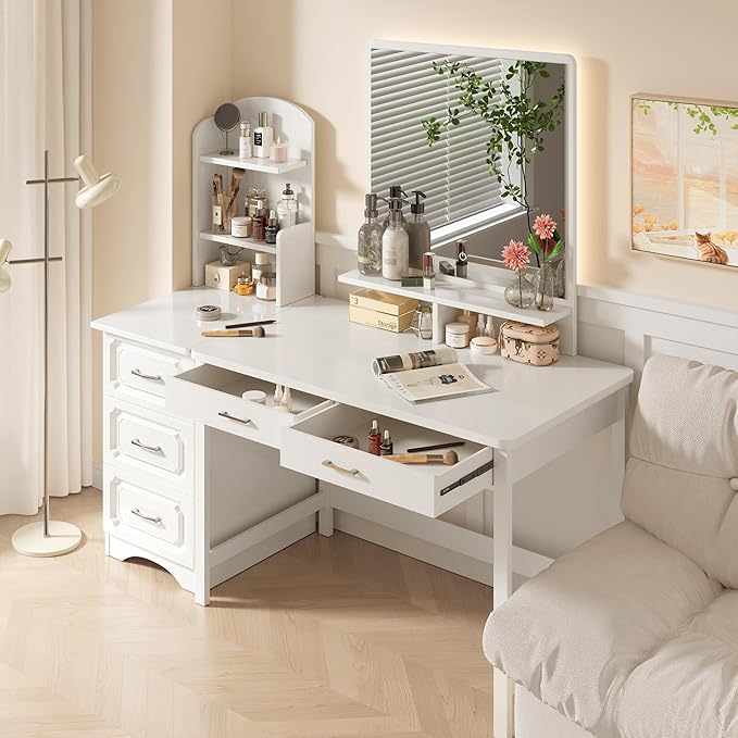 4NM 39.4" Small Desk with Wood Drawers, Home Office Computer Desk with Wooden Legs, Study Writing Table Vanity Desk for Small Spaces - White - LeafyLoom