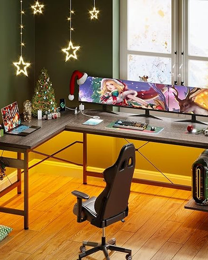 Coleshome 66" L Shaped Gaming Desk with Outlet, L Shaped Desk with CPU Stand, Corner Computer Desk, Home Office Desk, Writing Desk, Grey Oak - LeafyLoom