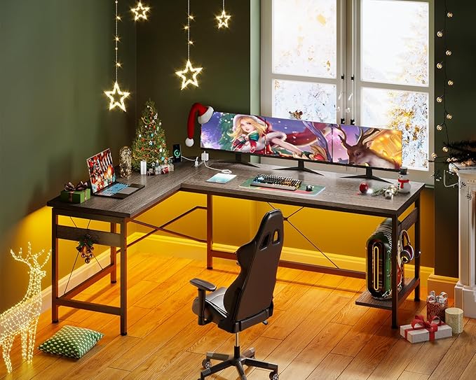 Coleshome 66" L Shaped Gaming Desk with Outlet, L Shaped Desk with CPU Stand, Corner Computer Desk, Home Office Desk, Writing Desk, Grey Oak - LeafyLoom