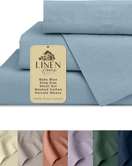 Linen Home Washed Cotton Percale King Sheet Set, Baby Blue, Deep Pocket, 4 Pieces Bed Sheets - 1 Flat Sheet, 1 Fitted Sheet & 2 Envelope Closure Pillowcases, Cool and Comfortable Bed Linen - LeafyLoom