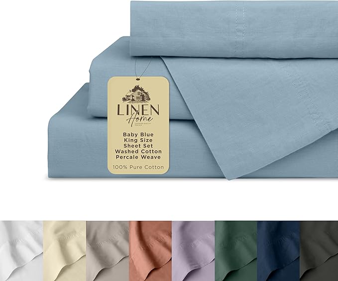Linen Home Washed Cotton Percale King Sheet Set, Baby Blue, Deep Pocket, 4 Pieces Bed Sheets - 1 Flat Sheet, 1 Fitted Sheet & 2 Envelope Closure Pillowcases, Cool and Comfortable Bed Linen - LeafyLoom
