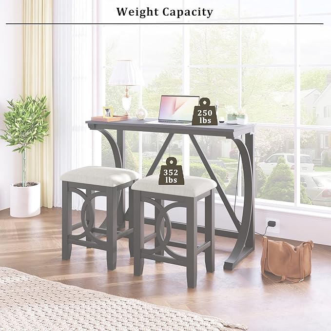 Merax Farmhouse 3-Piece Counter Height Dining Table Set with USB Port and 2 Upholstered Stools, Gray_3pcs - LeafyLoom