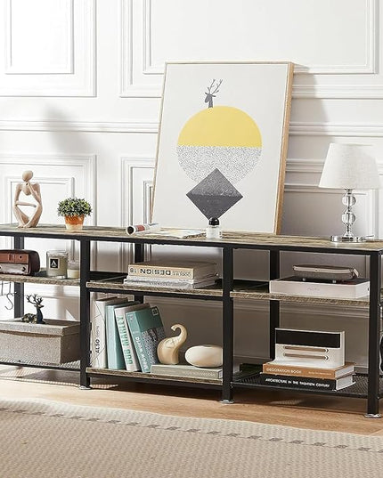 VECELO TV Stand for Televisions up to 75 Inch, Industrial Entertainment Center with 3-Tier Open Storage Shelves& Hooks for Living, Bedroom and Gaming Room, 70 Inch, Grey - LeafyLoom