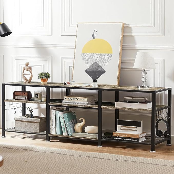 VECELO TV Stand for Televisions up to 75 Inch, Industrial Entertainment Center with 3-Tier Open Storage Shelves& Hooks for Living, Bedroom and Gaming Room, 70 Inch, Grey - LeafyLoom