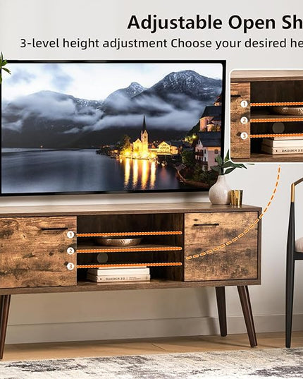 Stand for 35 55 inch Television, Modern Mid Century TV Table, with Adjustable Shelf Entertainment Center, and Two Storage Cabinets, for Living Rooms, Bedrooms, Old Pine - LeafyLoom