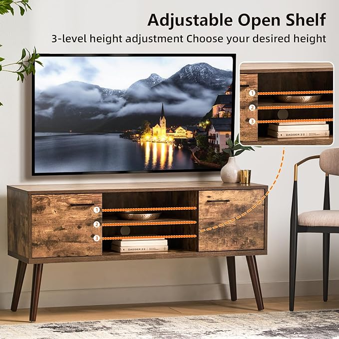 Stand for 35 55 inch Television, Modern Mid Century TV Table, with Adjustable Shelf Entertainment Center, and Two Storage Cabinets, for Living Rooms, Bedrooms, Old Pine - LeafyLoom