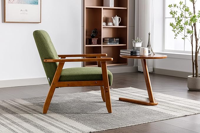 Mid-Century Accent, Modern Single Armchair, Upholstered Leisure Lounge Chair wth Solid Wood Armrest and Feet for Living Room, Bedroom, Office, Green - LeafyLoom