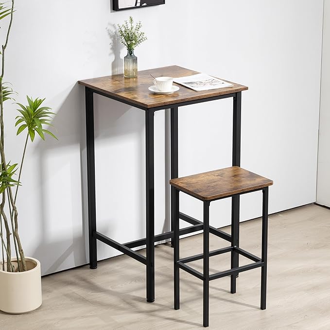 Finnhomy Bar Table, 23.6" Pub Table High Top Table, Square Bar Height Table, Counter Height Cocktail Table, Small Kitchen Table Set for 2, Breakfast for Kitchen, Living Room, Rustic Brown - LeafyLoom