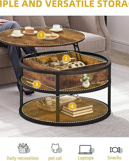 DWVO Round Coffee Tables for Living Room,Lift Top Coffee Table with Storage, Farmhouse Wood Coffee Table,Circle Coffee Tables Living Room for Home Office,Rustic Brown - LeafyLoom