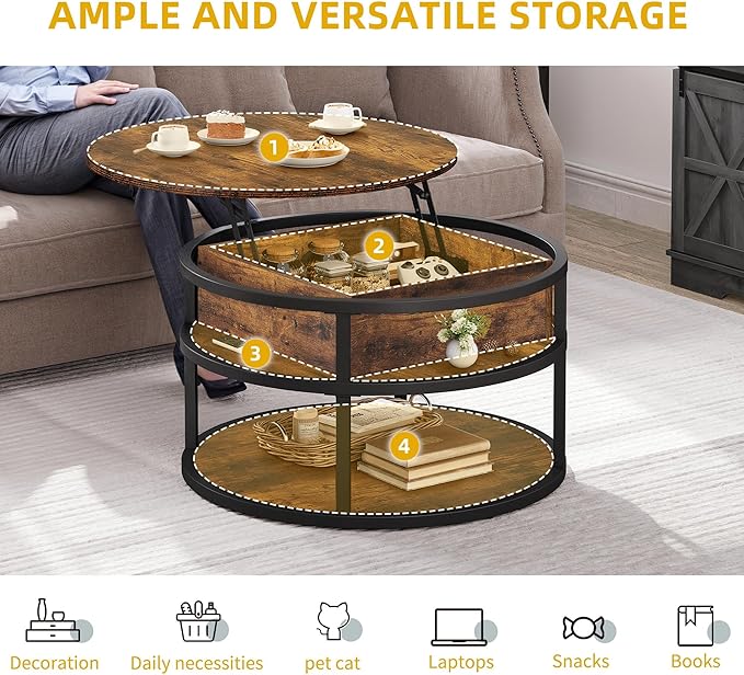 DWVO Round Coffee Tables for Living Room,Lift Top Coffee Table with Storage, Farmhouse Wood Coffee Table,Circle Coffee Tables Living Room for Home Office,Rustic Brown - LeafyLoom
