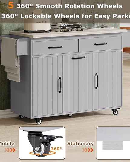 51.06 Inch Rolling Kitchen Cart with Trash Can Storage Cabinet & Drop Leaf, Portable Mobile Islands Table w/Adjustable Shelf, Spice, Towel Rack and Drawers, for Dining Room, Grey - LeafyLoom
