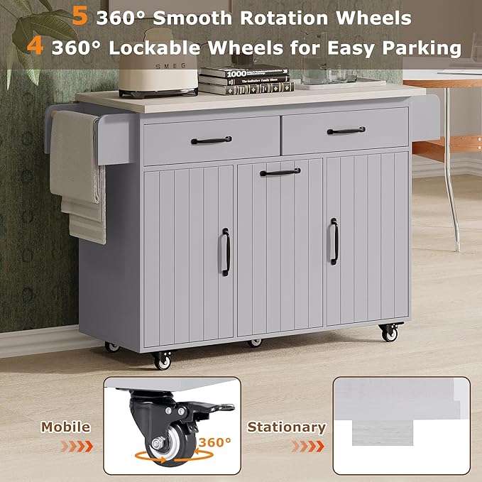 51.06 Inch Rolling Kitchen Cart with Trash Can Storage Cabinet & Drop Leaf, Portable Mobile Islands Table w/Adjustable Shelf, Spice, Towel Rack and Drawers, for Dining Room, Grey - LeafyLoom