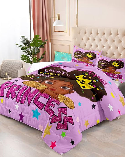 Black Girl Comforter Set Queen African Black Girls Comforter Sets Queen Princess Queen Bedding Set Cute Black Girls Princess Room Decor Bedding Set, Queen (1 Comforter 2 Pillowcases) - LeafyLoom