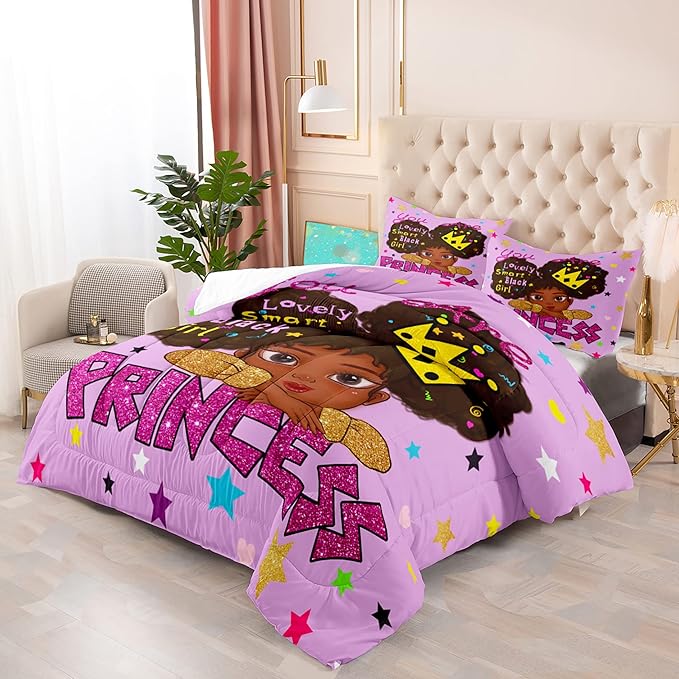 Black Girl Comforter Set Queen African Black Girls Comforter Sets Queen Princess Queen Bedding Set Cute Black Girls Princess Room Decor Bedding Set, Queen (1 Comforter 2 Pillowcases) - LeafyLoom