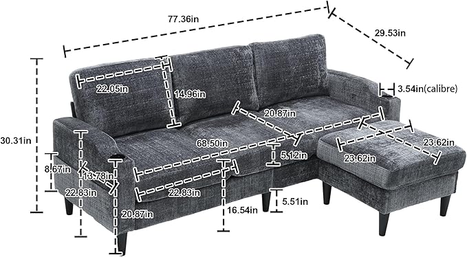 Convertible Sectional Sofa with Movable Storage Ottoman and Cupholders, 3 Seater L-Shaped Corner Couch,Chenille Upholstered Furniture w/Detachable Thicked Cushions for Living Room, Small Space - LeafyLoom