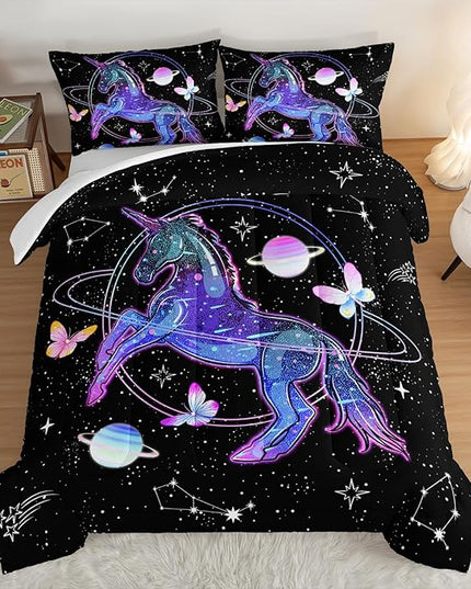 HOSIMA Unicorn Twin Bedding Sets for Girls Kids,Butterfly Star Empty Galaxy Comforter,Unicorn Bedroom Decor for Girls Boys,Soft Black Comforter Twin Bed in a Bag,Butterfly Crib Bedding Set. - LeafyLoom