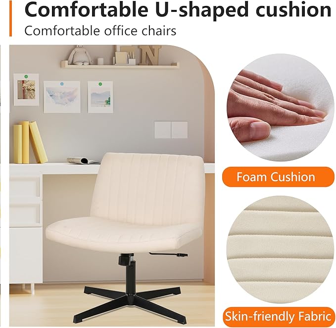 FDW Criss Cross Chair Armless Cross Legged Office Desk Chair Adjustable Swivel Ergonomic Desk Chair No Wheels U Shaped Backrest with Wide Seat Native Sponge Computer Task Vanity Chair for Home Office - LeafyLoom