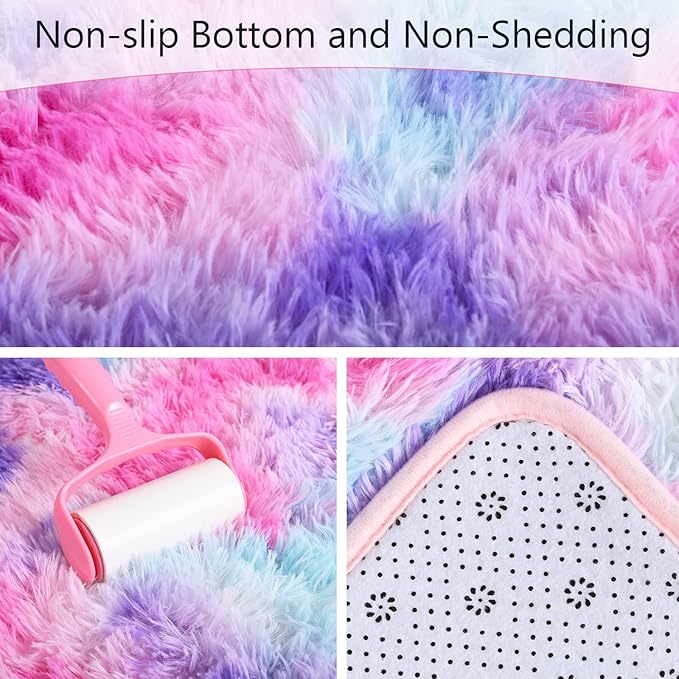 AROGAN Soft Rainbow Area Rugs for Girls Room 2x4 Feet, Fluffy Girls Bedroom Rugs, Princess Rug, Cute Colorful Carpet for Kids Teens Nursery Toddler (Hot Pink) - LeafyLoom