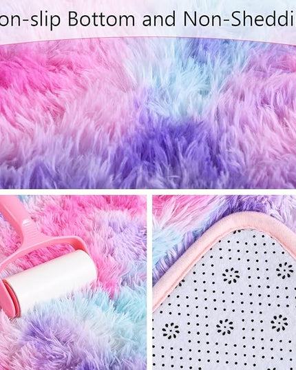AROGAN Soft Rainbow Area Rugs for Girls Room 4x6 Feet, Fluffy Bedroom Rugs, Princess Rug, Cute Colorful Carpet for Kids Teens Nursery Toddler, Hot Pink - LeafyLoom