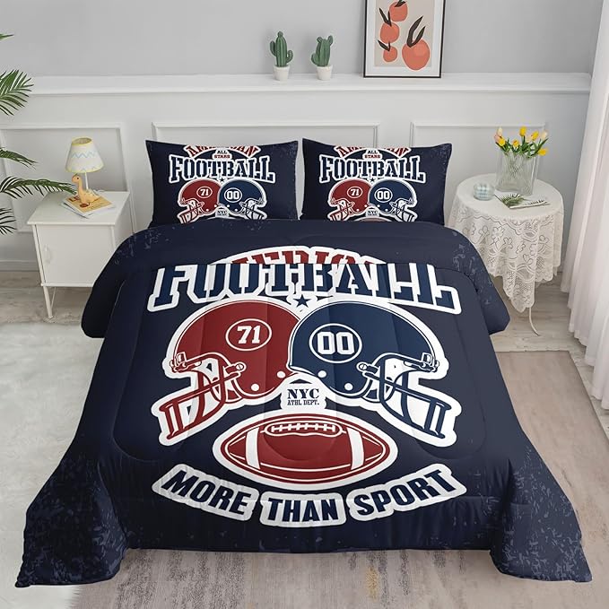 Datura home American Football Comforter Set Vintage Navy American Football Printed Quilt Bedding Set with 1 Comforter and 2 Pillowcases for Boys and Girls Bedroom All Season(Football Navy Twin) - LeafyLoom