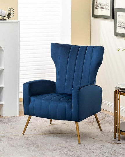 Armchair Modern Velvet Accent Chair, Channel Tufted Bedroom, Office or Living Room Furniture with Elegant Metal Legs, Blue - LeafyLoom
