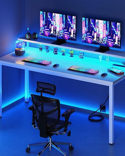 Need 60 inch Computer Desk with LED Lights & Power Outlets, Large Home Desk with Monitor Shelf, Writing Table Gaming Desk Home Office Desk, White - LeafyLoom